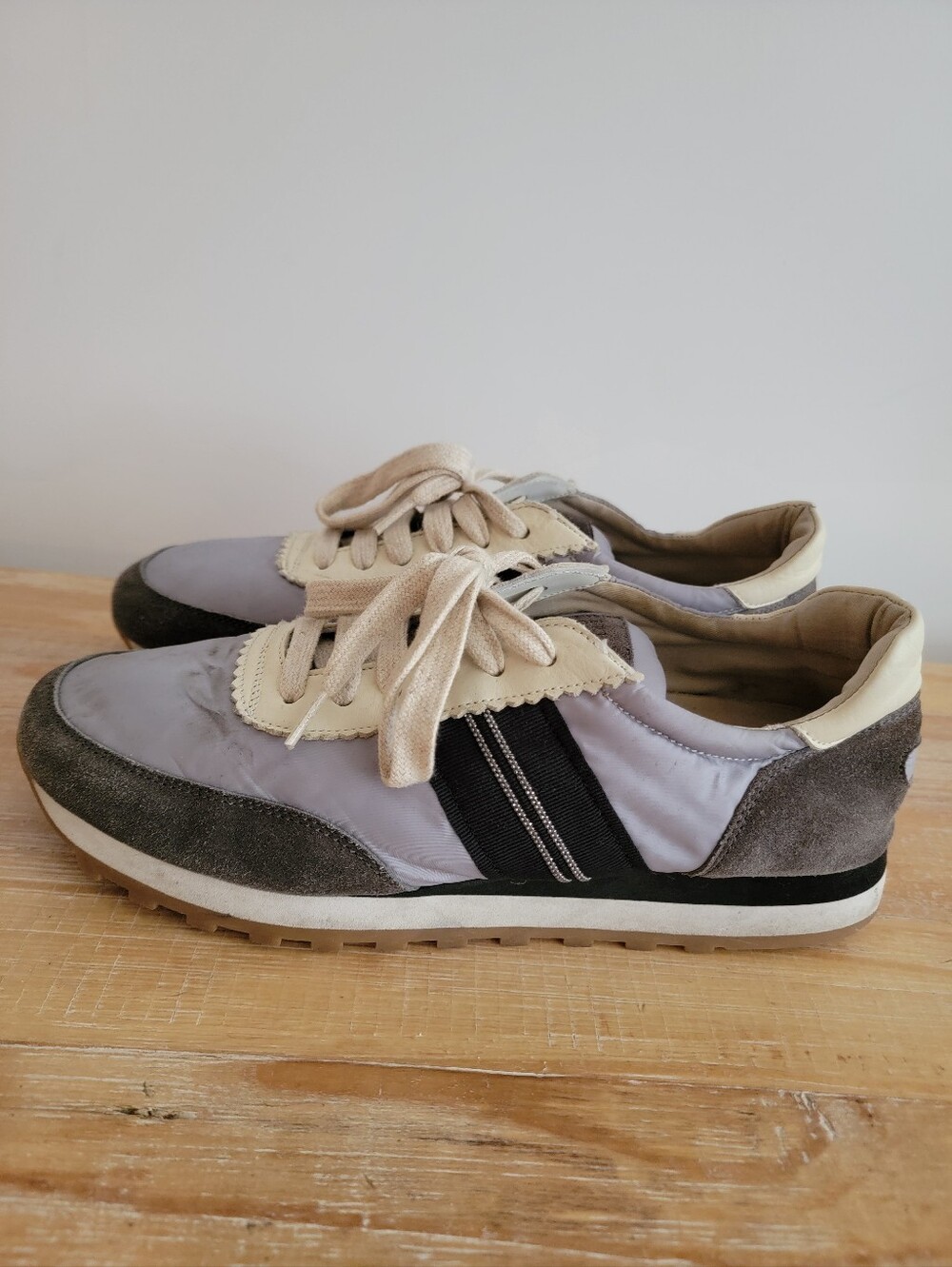 Brunello Cucinelli Gray, Beige and Navy Mixed-Material Sneakers Size 40